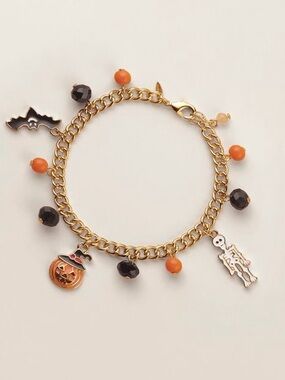 Gold Halloween Charm Bracelet with Pumpkin, Bat & Skeleton